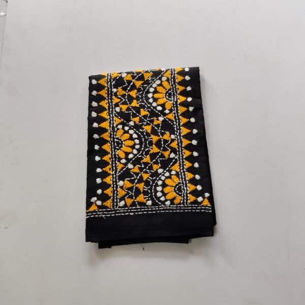 Black Kantha Stitch Blouse Piece Yellow Thread Work