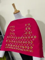 Red Cotton Kantha Stitch Blouse Material – Green white mix color - Image 3