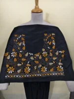 Black Silk Kantha Stitch Blouse Material Flower Leaf Motif - Image 2