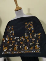 Black Silk Kantha Stitch Blouse Material Flower Leaf Motif - Image 3