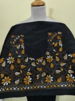Black Silk Kantha Stitch Blouse Material Flower Leaf Motif
