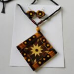 Handmade Bamboo Diamond Pendant Necklace Set with Earrings