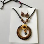 Bamboo Round Pendant Necklace Set with Earrings – Natural Boho Tribal Style