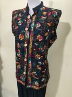 Cotton Kantha Stitch Sleeveless Jacket – Black Multicolor Floral Embroidery - Image 3