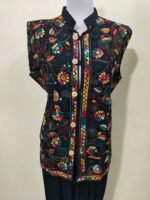 Cotton Kantha Stitch Sleeveless Jacket – Black Multicolor Floral Embroidery