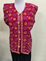 Cotton Kantha Stitch Sleeveless Jacket – Wine Red with Yellow Floral Pattern - Image 4
