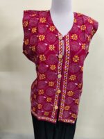 Cotton Kantha Stitch Sleeveless Jacket – Wine Red with Yellow Floral Pattern - Image 2