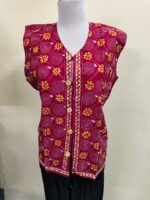 Cotton Kantha Stitch Sleeveless Jacket – Wine Red with Yellow Floral Pattern