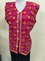 Cotton Kantha Stitch Sleeveless Jacket – Wine Red with Yellow Floral Pattern - Image 3