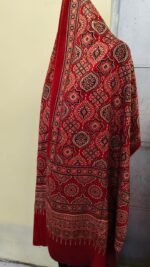Ajrakh Handblock Printed Mashru Modal Silk Stole – Red Maroon Geometric Pattern - Image 4