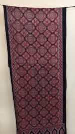 Ajrakh Handblock Printed Mashru Modal Silk Stole  – Black & Deep Maroon Clover Motif - Image 4