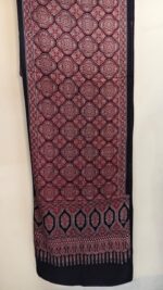 Ajrakh Handblock Printed Mashru Modal Silk Stole  – Black & Deep Maroon Clover Motif