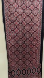 Ajrakh Handblock Printed Mashru Modal Silk Stole  – Black & Deep Maroon Clover Motif - Image 3