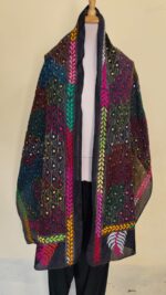 Black color Silk Kantha Stitch Stole – Floral Embroidery