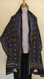 Black color Silk Kantha Stitch Stole – Floral Embroidery