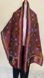Maroon Silk Kantha Stitch Stole – Floral Embroidery