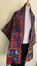 Maroon Silk Kantha Stitch Stole – Floral Embroidery - Image 3