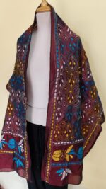 Maroon Silk Kantha Stitch Stole – Floral Embroidery - Image 2