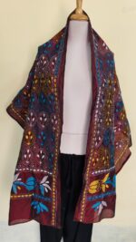 Maroon Silk Kantha Stitch Stole – Floral Embroidery