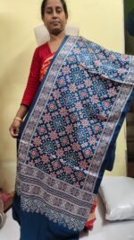 Ajrakh Modal Silk Stole Hand block (Mashru Silk) Deep Navy - Image 3