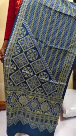 Ajrakh Modal Silk Stole Hand block (Mashru Silk) Deep Navy green - Image 4