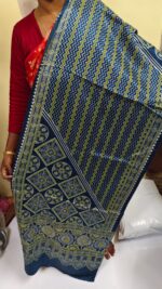 Ajrakh Modal Silk Stole Hand block (Mashru Silk) Deep Navy green - Image 2