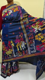 Kantha Stitch Art Silk Saree – Handcrafted Tribal & Floral Embroidery - Image 11