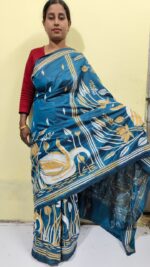 Bengal Kantha Stitch Art Silk Saree – Teal Blue with Golden Swan Motif