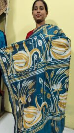 Bengal Kantha Stitch Art Silk Saree – Teal Blue with Golden Swan Motif - Image 4