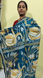 Bengal Kantha Stitch Art Silk Saree – Teal Blue with Golden Swan Motif - Image 5