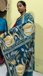 Bengal Kantha Stitch Art Silk Saree – Teal Blue with Golden Swan Motif - Image 3