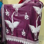 Bengal Kantha Stitch Art Silk Saree – White Crane Motif (Hand-Embroidered)