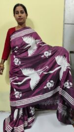 Bengal Kantha Stitch Art Silk Saree – White Crane Motif (Hand-Embroidered) - Image 2