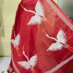 Kantha Stitch Art Silk Saree – White Crane Motif (Hand-Embroidered)
