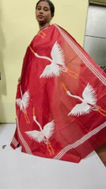 Kantha Stitch Art Silk Saree – White Crane Motif (Hand-Embroidered)