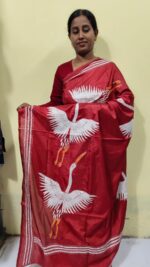 Kantha Stitch Art Silk Saree – White Crane Motif (Hand-Embroidered) - Image 2