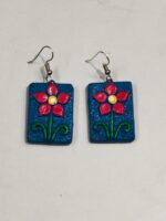 Terracotta Earring Blue Color Red Flower - Image 3