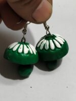 Terracotta Earring Green Color White Design Jhumka - Image 3