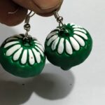 Terracotta Earring Green Color White Design Jhumka