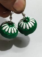 Terracotta Earring Green Color White Design Jhumka