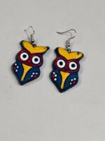 Terracotta Earring Black Colorful owl Motif Blue - Image 2