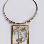 Abstract Line Art Face Brass Pendant Necklace – Artisan Crafted Design