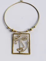 Abstract Line Art Face Brass Pendant Necklace – Artisan Crafted Design