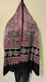 Silk Ajrakh Modal Silk Stole Hand block Black geometric motif - Image 3