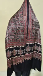 Silk Ajrakh Modal Silk Stole Hand block Black geometric motif - Image 4