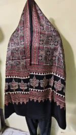Silk Ajrakh Modal Silk Stole Hand block Black geometric motif - Image 2