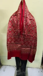 Ajrakh Modal Silk Mashru Stole – Red Maroon Geometric Pattern - Image 3