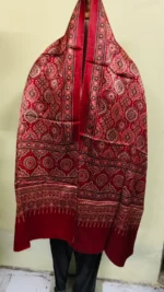 Ajrakh Modal Silk Mashru Stole – Red Maroon Geometric Pattern