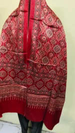 Ajrakh Modal Silk Mashru Stole – Red Maroon Geometric Pattern - Image 2