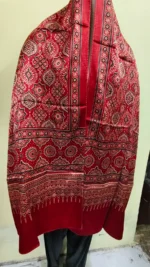 Ajrakh Modal Silk Mashru Stole – Red Maroon Geometric Pattern - Image 4